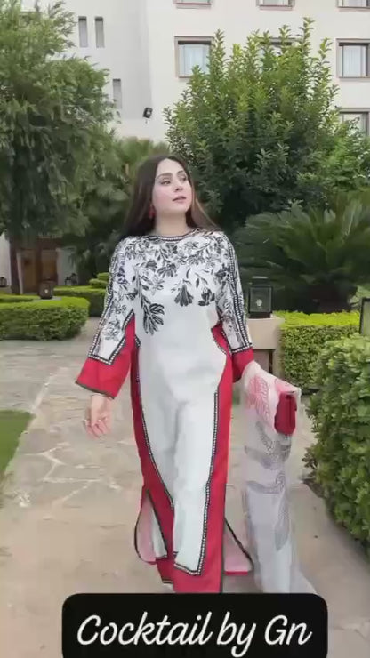 3 pcs women's stitched grip silk printed kaftan suit