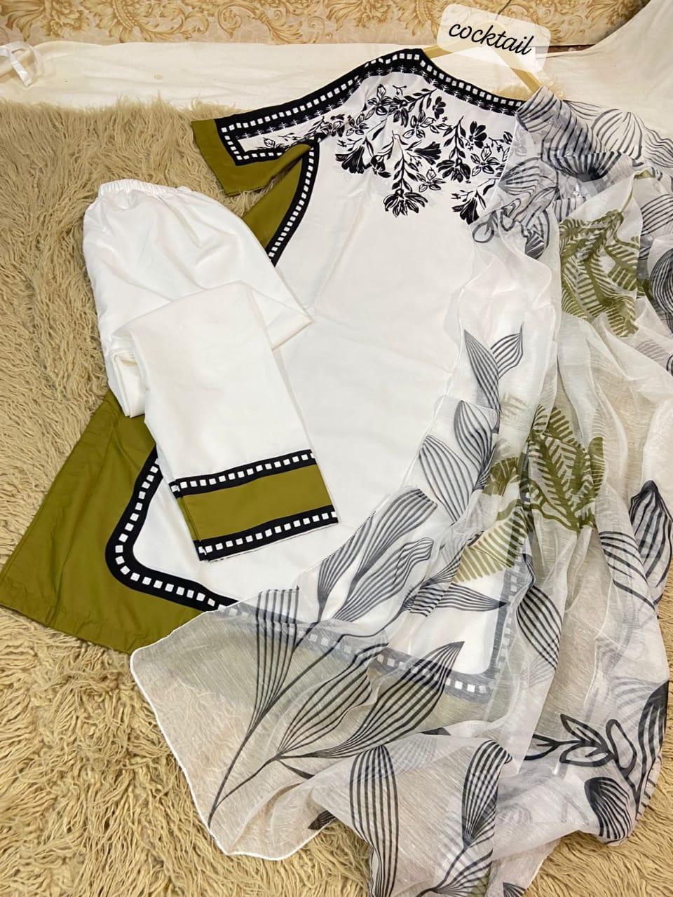 3 pcs women's stitched grip silk printed kaftan suit