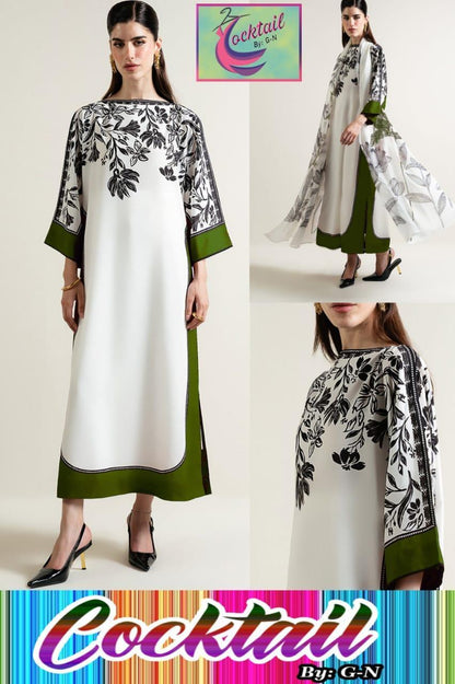 3 pcs women's stitched grip silk printed kaftan suit