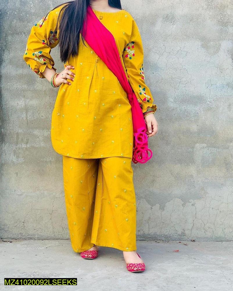 2 pcs women's stitched linen embriodered shirt and trouser