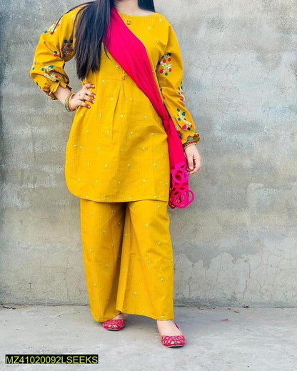 2 pcs women's stitched linen embriodered shirt and trouser