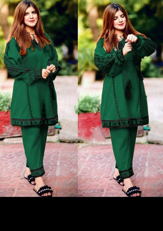 2 pcs women stitched linen embroidered shirt and trouser