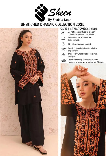 2 pcs women's dhanak fabric unstitched embroidered suit