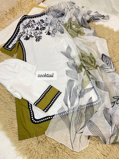 3 pcs women's stitched grip silk printed kaftan suit