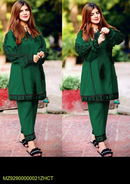 2 pcs women stitched linen embroidered shirt and trouser