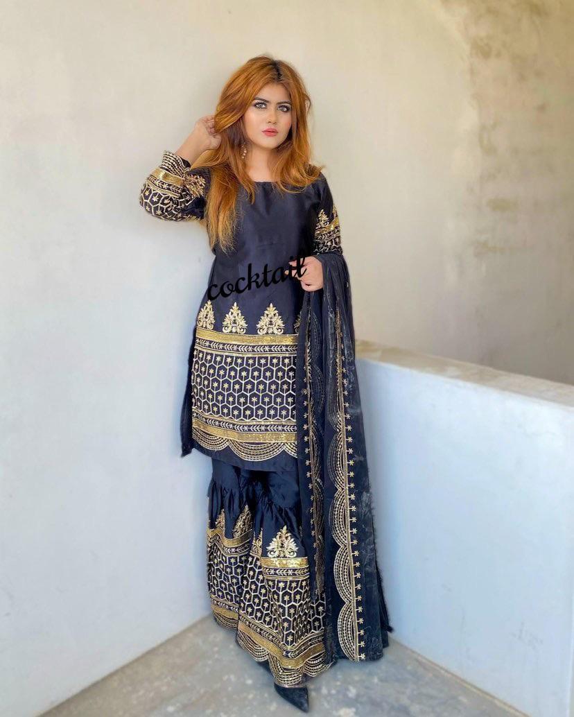 3 pcs stunning shamoz blue silk suit set with sequins embroidered