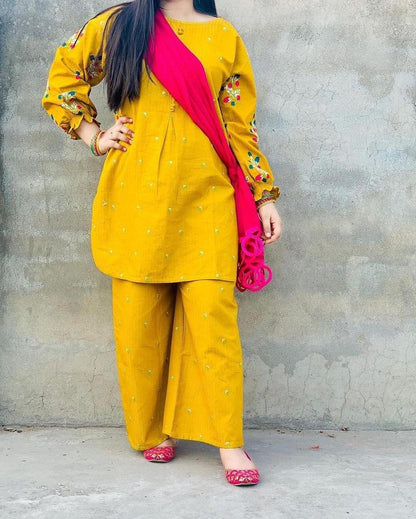 2 pcs women's stitched linen embriodered shirt and trouser