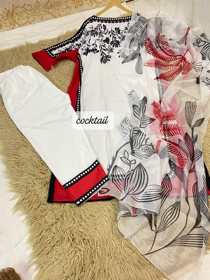 3 pcs women's stitched grip silk printed kaftan suit